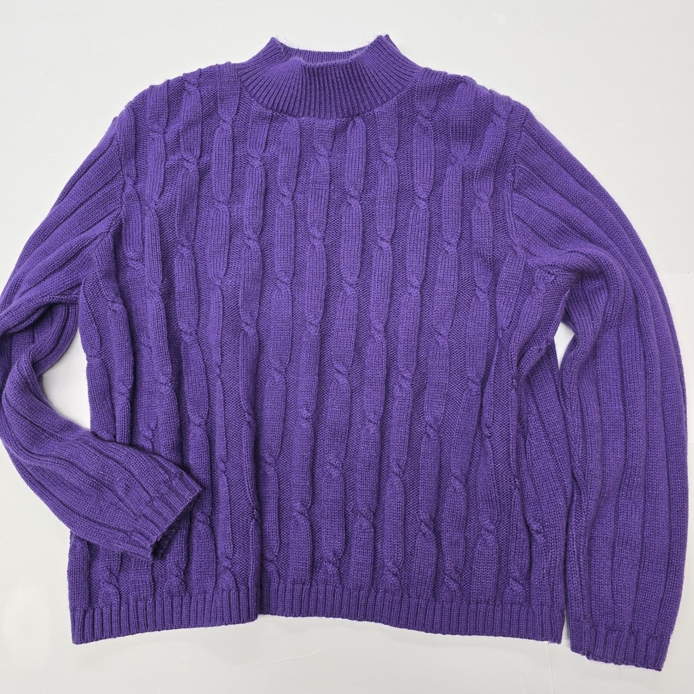 Cascade Classics Purple Cable Knit Mock Neck Sweater Womens Large Made in USA
